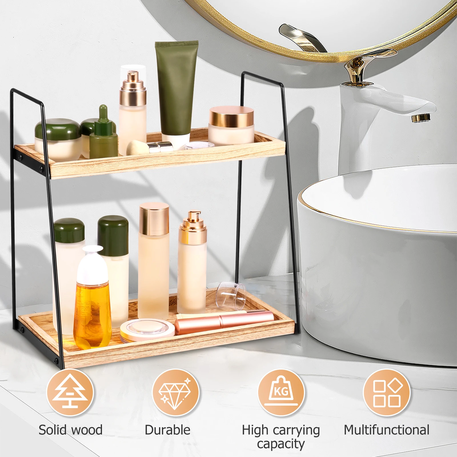 Bathroom Counter Organizer Rack 2-Tier Wood Cosmetic Storage Shelf Space Saving Countertop Standing Rack Multipurpose Vanity