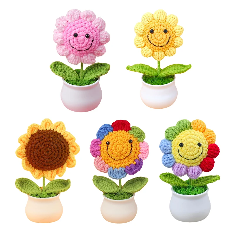 Cute Hand-knitted Sunflower Pots Ornaments Creative DIY Hand-knitted Flower Pots Artificial Flowers Home Decoration Gifts