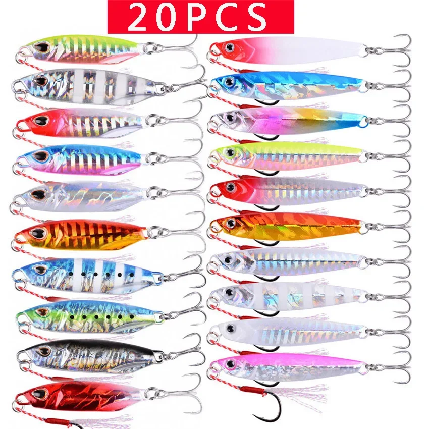 Juego de anzuelos de Metal fundido de calidad 20 piezas, 20g, 30g, 40g, 60g, para pesca de lubina, aparejos de cebo Artificial