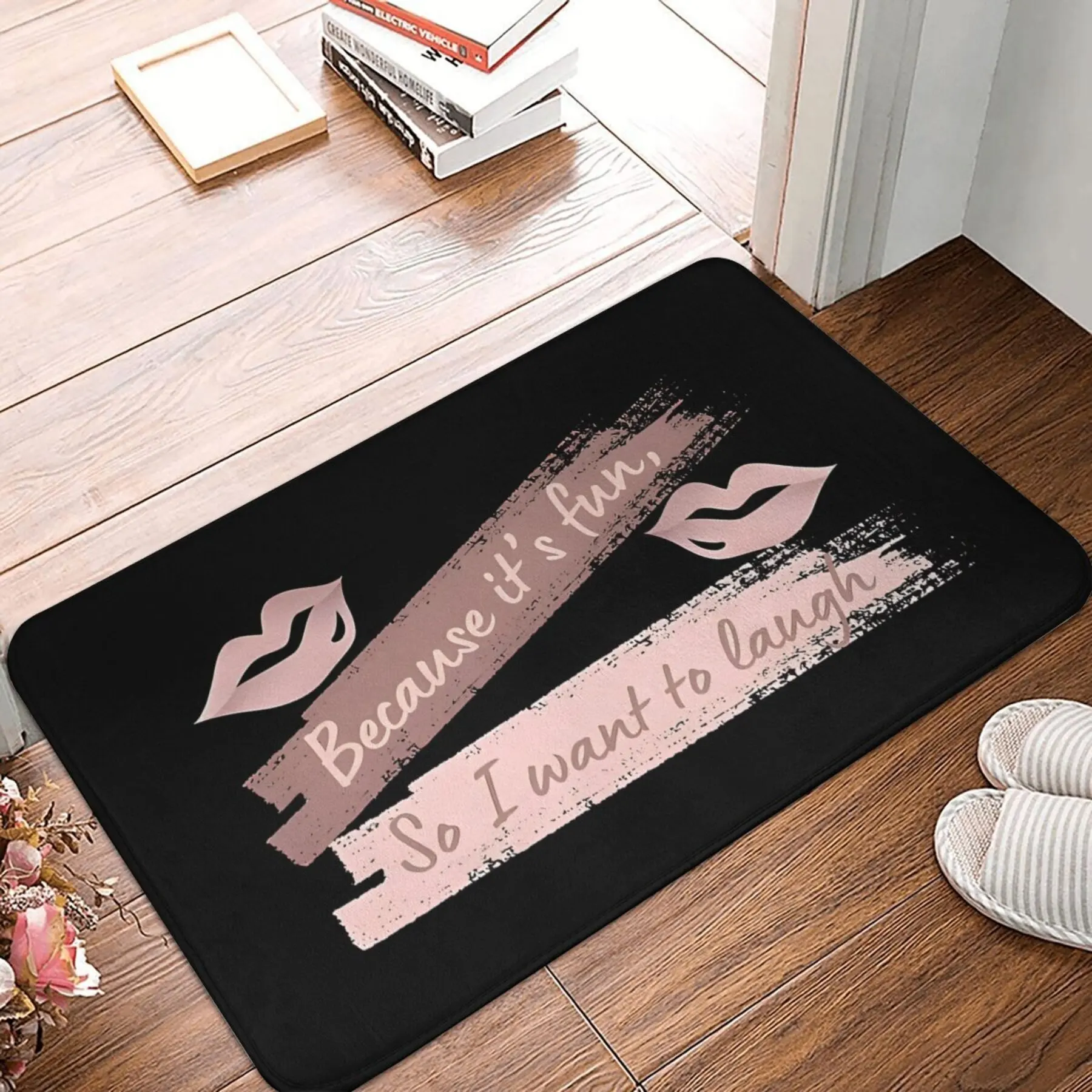 Typographic Lip Print Doormat – Black Base with Rose Gold Quote, 40×60 cm Decorative Entry Floor Mat for Home Interior