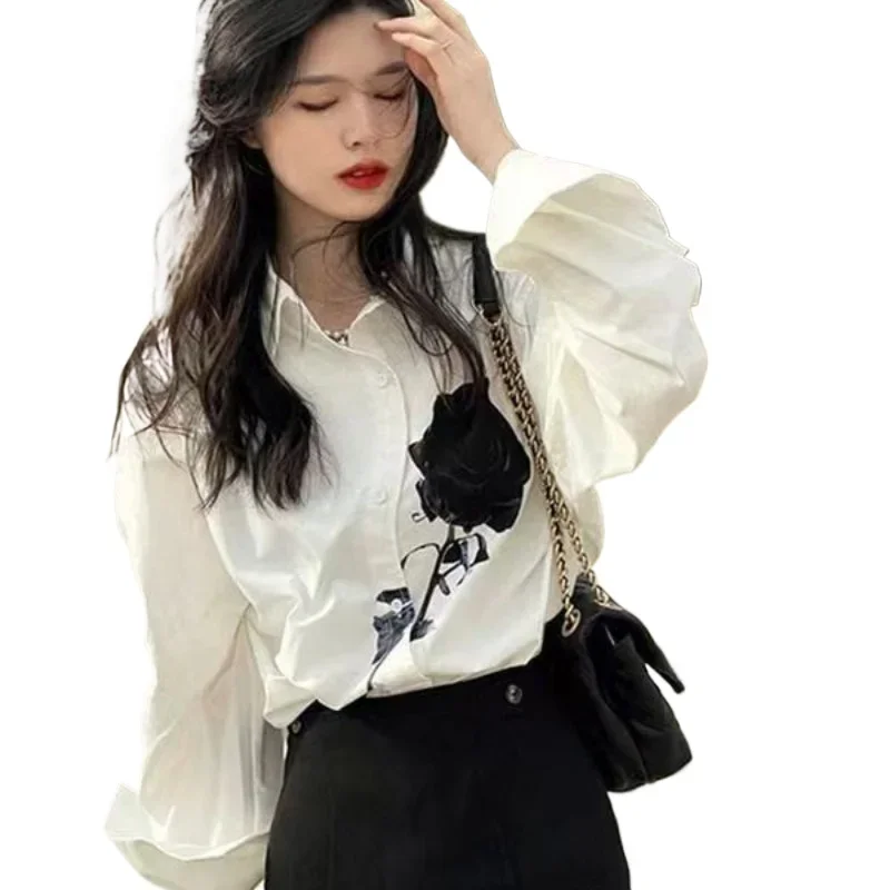 DAYIFUN Lady Black Rose Embroidered Shirt Summer/Autumn Long Sleeve White Solid Color Lapel Blouses Women's Temperament Clothing image 5