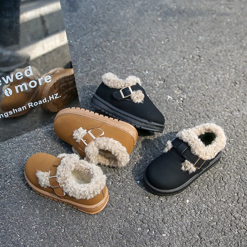 

Зимняя детская хлопковая обувь, уличная простая модная повседневная обувь на меху для девочек, теплая детская школьная плюшевая обувь на платформе с мягкой подошвой