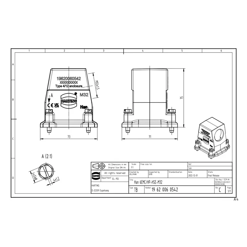 19620060542 HARTING 6B 1xM32 Screw Lock, Side Outlet, Upper Case