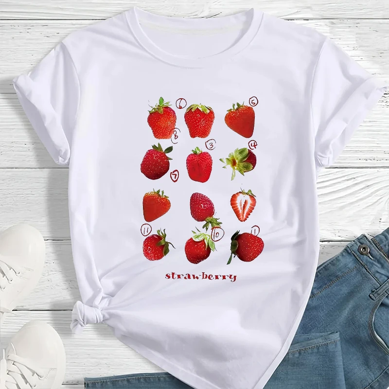 

Women T-shirt Cute Fresh Strawberries Printed Short Sleeve T-shirt Female Summer Comfortable Loose Tops Fashion Female Clothes