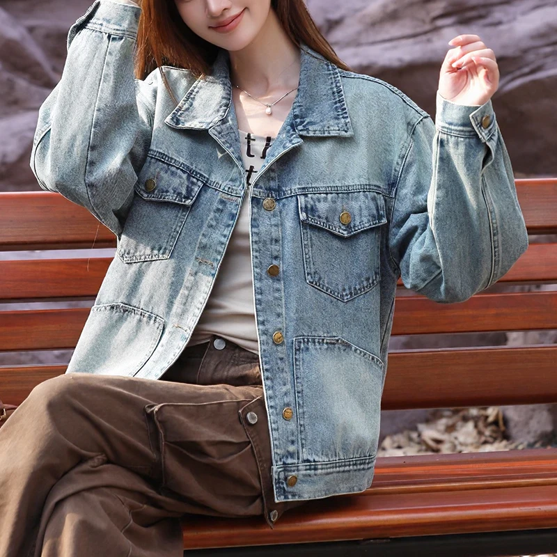 

Vintage Y2K Denim Jacket Coat Women 2025 New Turn-Down Collar Long Sleeve Loose Casual Single-Breasted Pocket Jean Jacket Coat