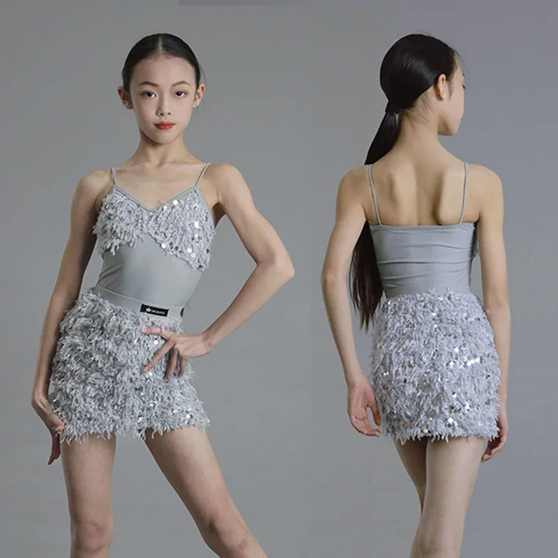 

Latin Dance Clothing Girls Rumba Salsa Stage Clothes Children Performance Practice Costume Sequin feather Suspender Suit