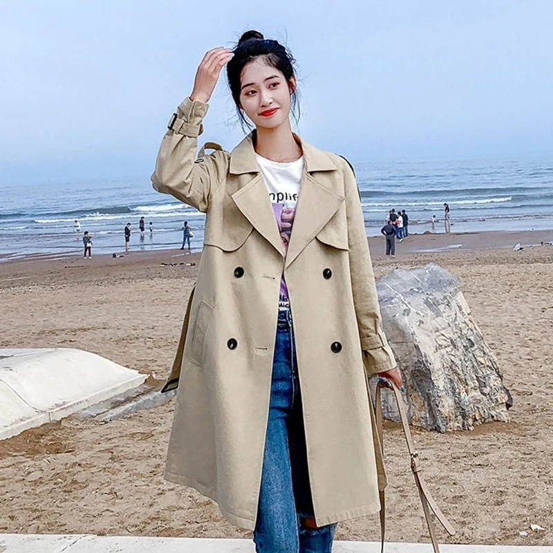 

Korean Style Long Trench Coat Women Fashion with Sashes Double Breasted Windbreaker Ladies Khaki Casual Office Coats