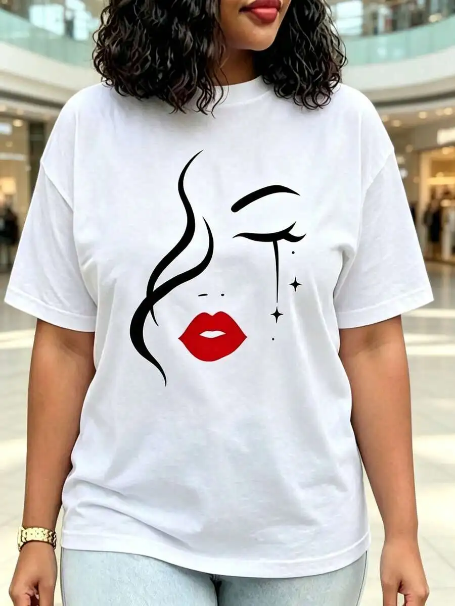 1pc Women' Face Line Art Print White TShirt Crew Neck Casual Cotton Tee Medium Stretch Knit Fabric Regular Fit For Female Ladies For //