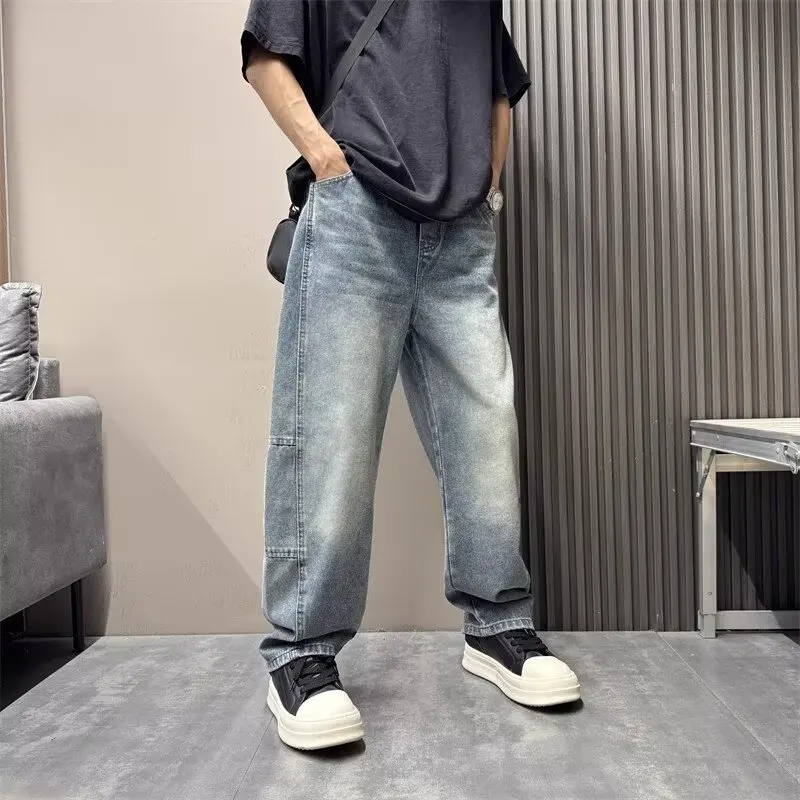 2025 New Korean Jeans Blue Washed Gradient Trendy Loose Straight Leg Made Old Straight Leg Pants