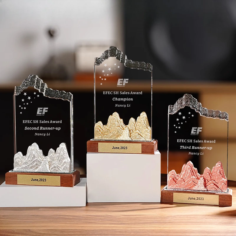 Customized Crystal Trophy, Gold Silver Copper Excellent Employee Team Medal Award Sports Competition Souvenirs, Wooden Base, 1Pc