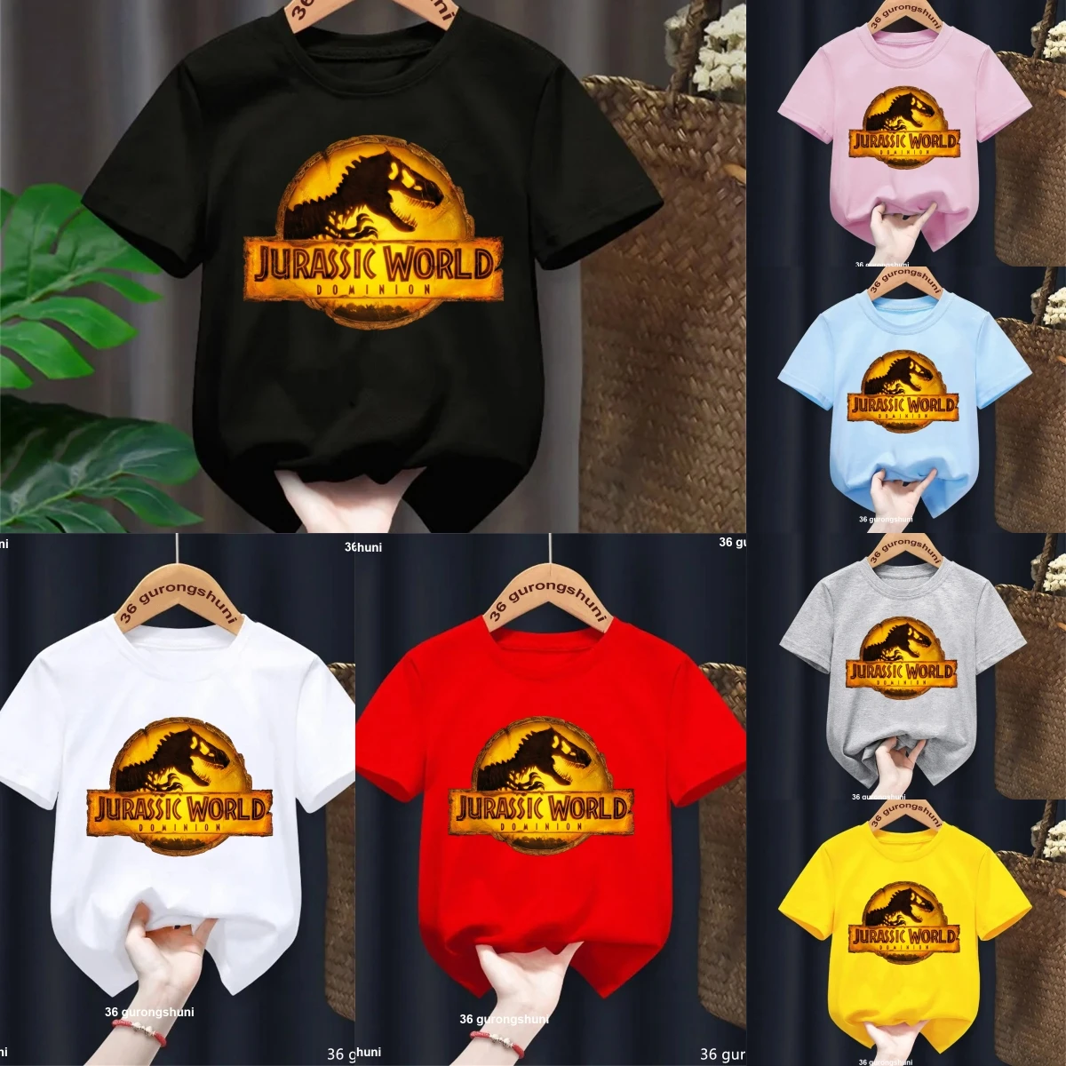 Funny Dino Jurassic Park Dinosaur Tshirt Boys Girls Black Colour Tshirt Baby Kids Clothes Short Sleeve Tees Harujuku Tops