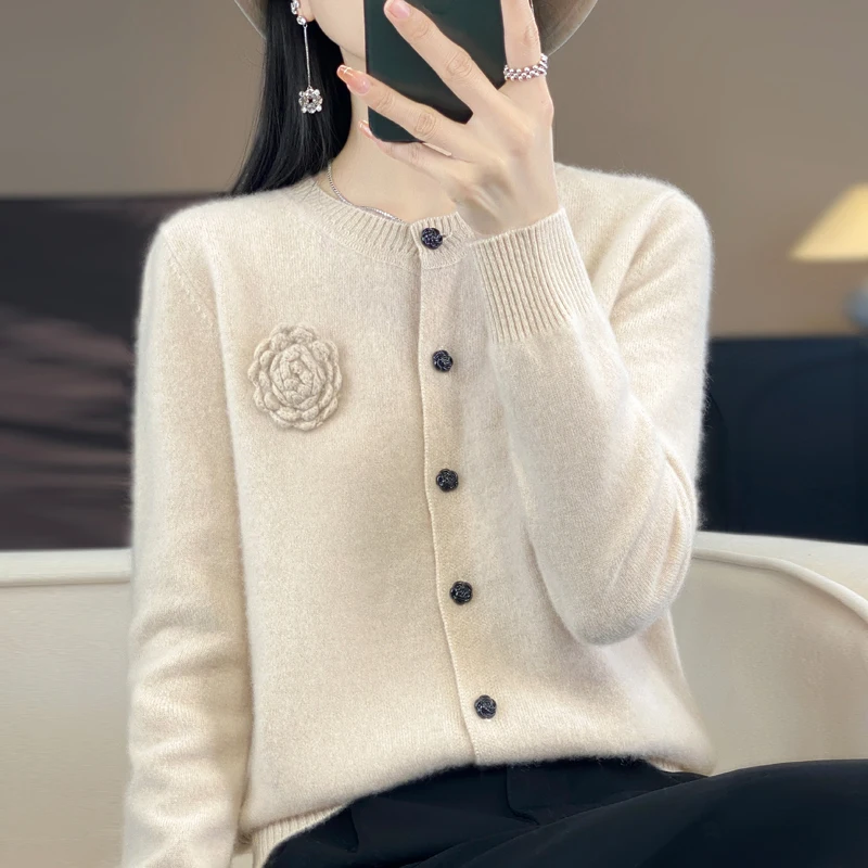 100% Merino Cashmere Sweater Women\'s Cashmere Cardigan sweater loose solid color autumn and winter comfort top