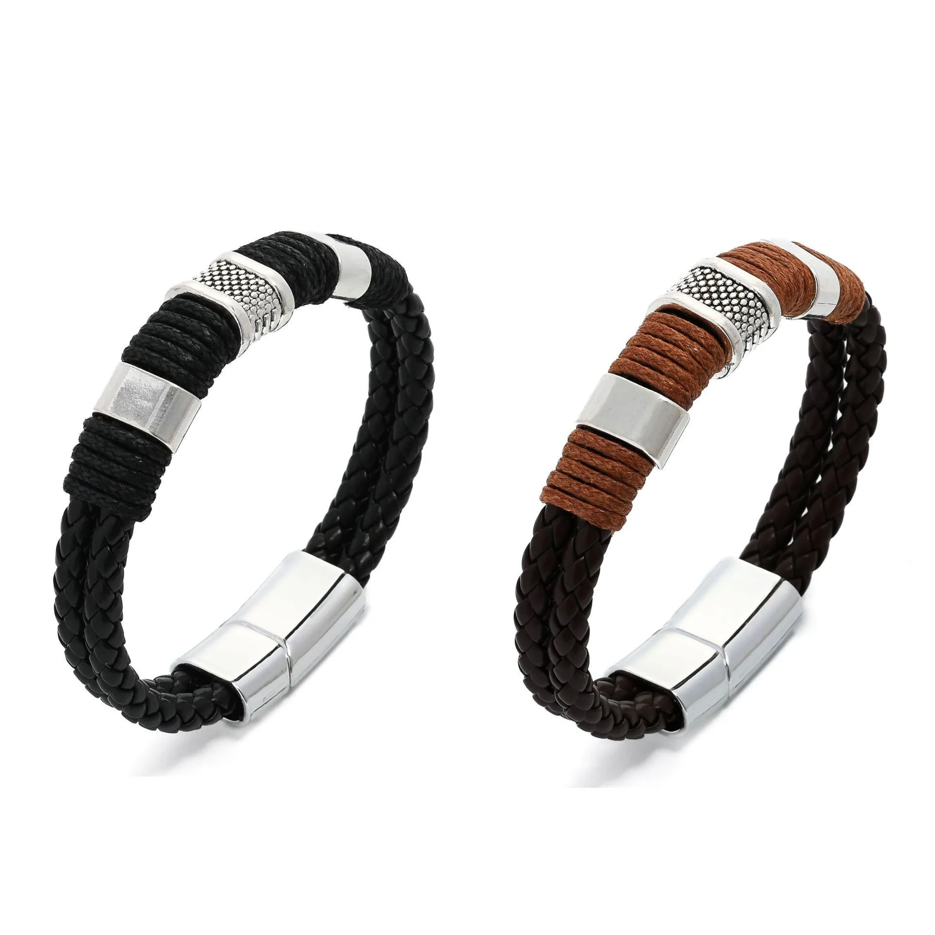 

Retro Genuine Leather Men Bracelet Magnetic Buckle Woven Rope Bracelets Punk Personality Bangle Fashion Male Hand Jewelry Gifts