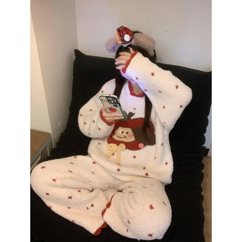 

Kawaii Apple Girl пижамный комплект женский 2026 зимняя толстая теплая флисовая одежда для сна мягкая плюшевая одежда для отдыха уютная домашняя одежда ночное белье