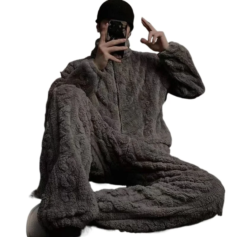 Solid Pajamas for Men Fleece Winter Sleepwear Korean Zipper Sleeping Night Wear Pijama 2 Pcs Pants Sets Warm Home Suit 2024 New