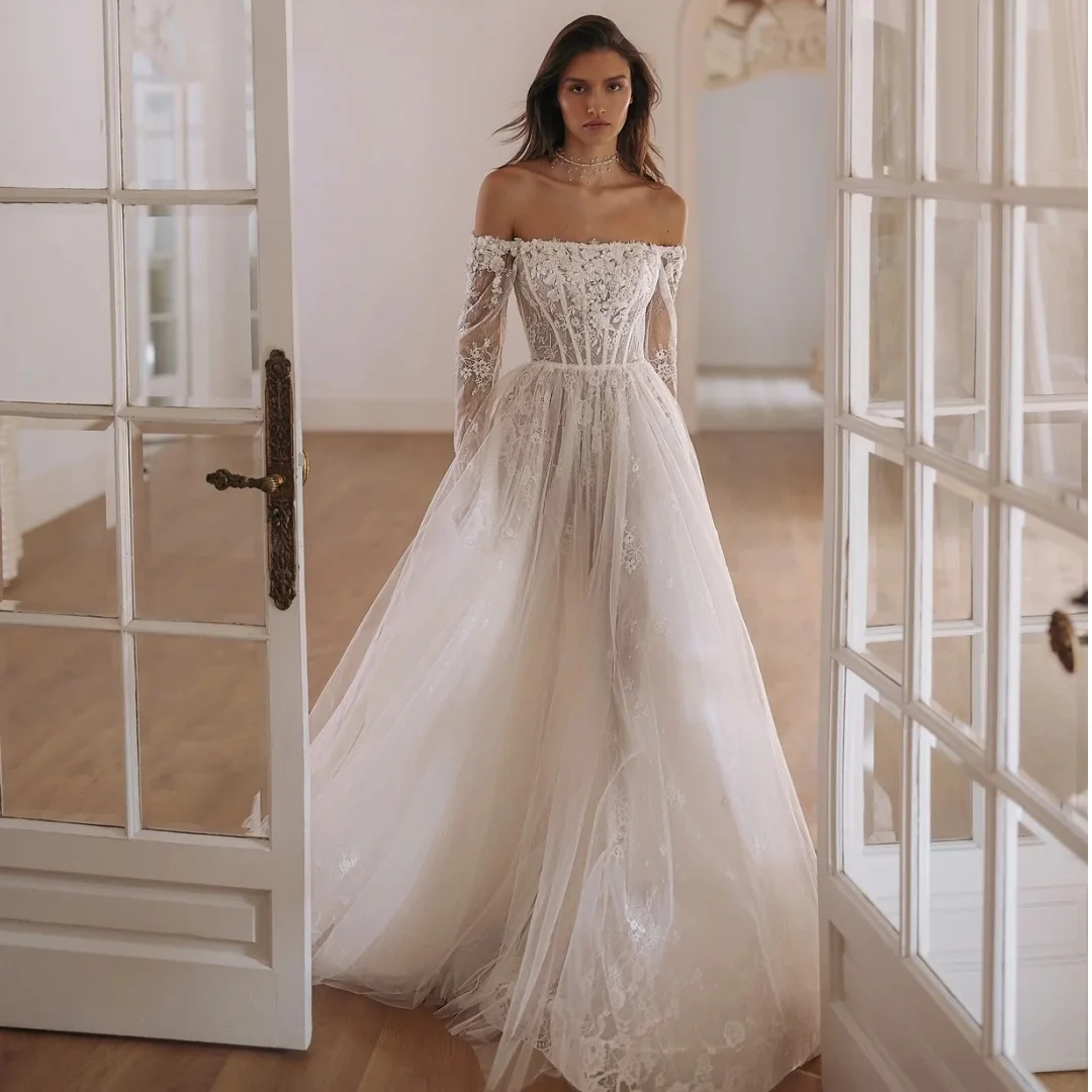 

Off Shoulder Boho Lace Wedding Dresses for Brides Long Sleeves Vestido de Novia Illusion Corset Party Pageant Gowns Customized
