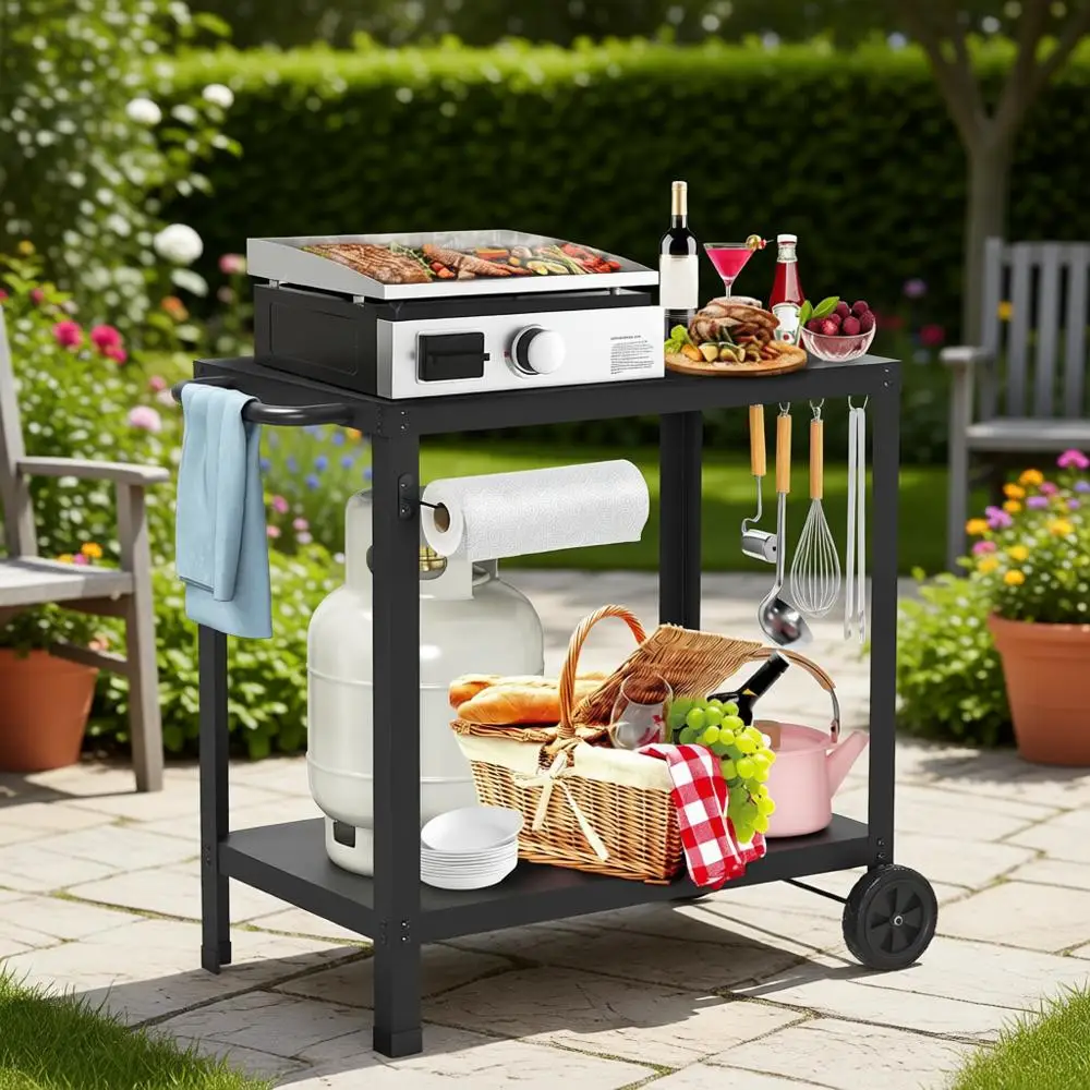 

Double-Tier Grill Cart with Shelves, Outdoor Cooking Station, Patio Pizza Oven Table, Mobile Food Prep for Parties