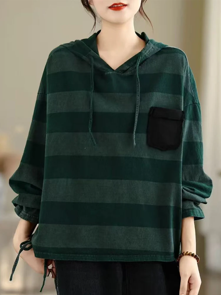 Amax LuluE 2025 hiver mode à capuche rayé t-shirts femmes coréen vêtements décontractés en vrac dames classique élégant Vintage hauts