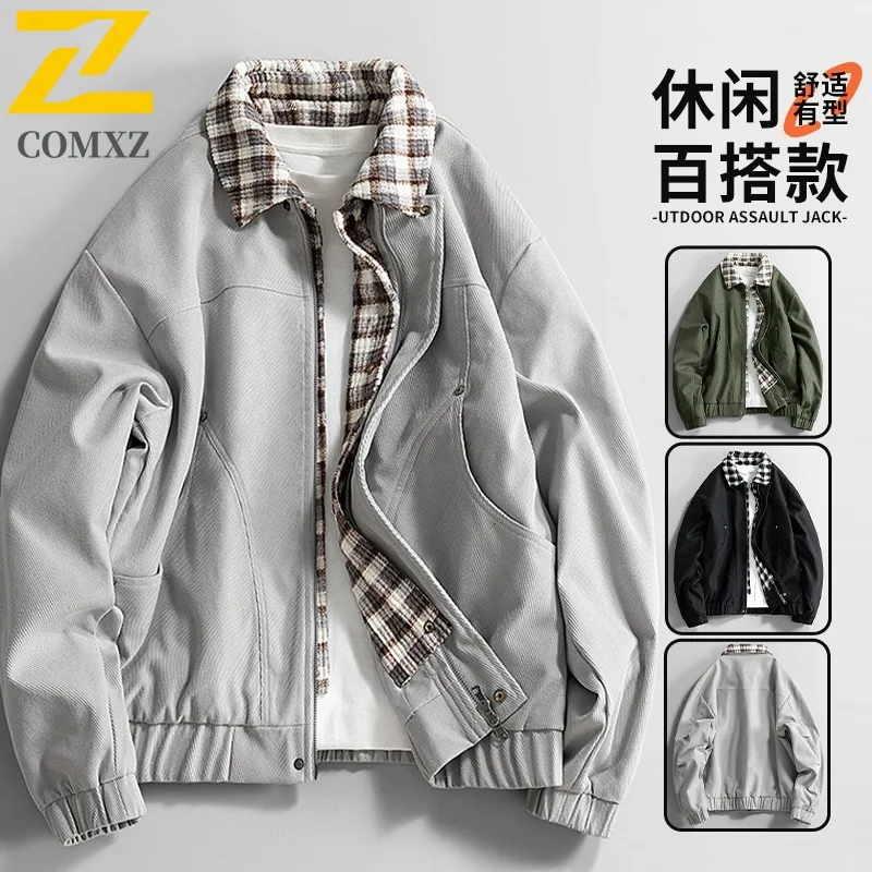

COMXZ Men Jacket Turndown Collar Solid Color Lightweight Hiking Casual Outdoor Windbreaker Jackets Trendy Jackets Streetwear