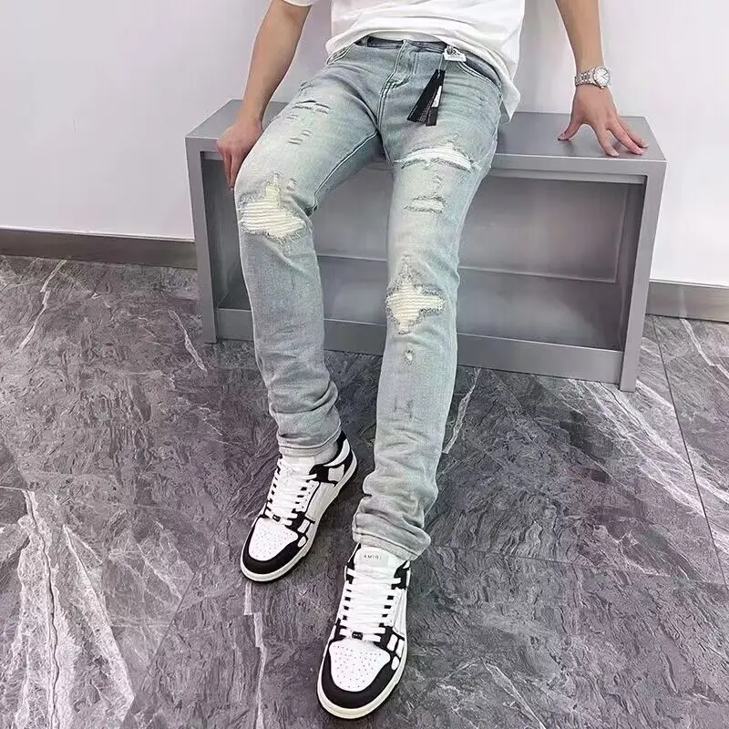 2024 Jeans For Man Classic Patchwork Light Blue Stretch Ripped Denim Pants High Quality Slim Fit Stretch Hip Hop Men\'s Clothing