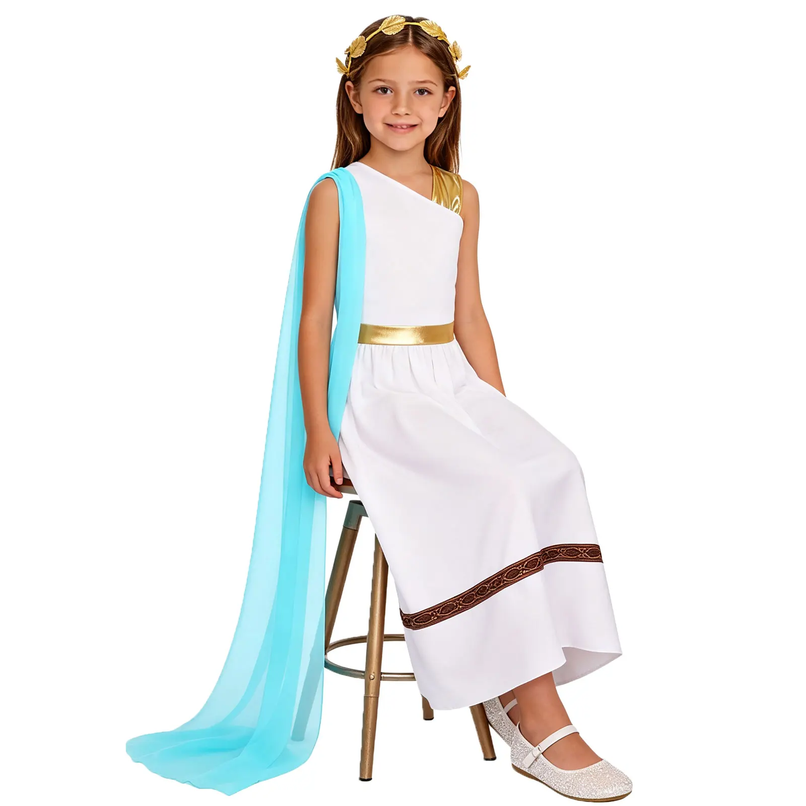 Lyrical Modern Dance Dress Girls Ancient Greek Roman Athena Goddesses Costume Sleeveless Shawl Cape Toga Festival Worship Robe