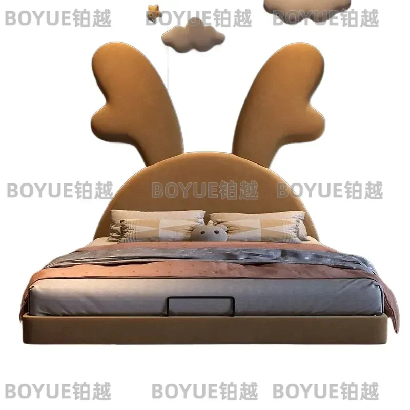 Cute Rabbit Shaped Kids Bed Flannel Upholstered Animal Theme Bedroom Furniture for Boys Girls European Style Children