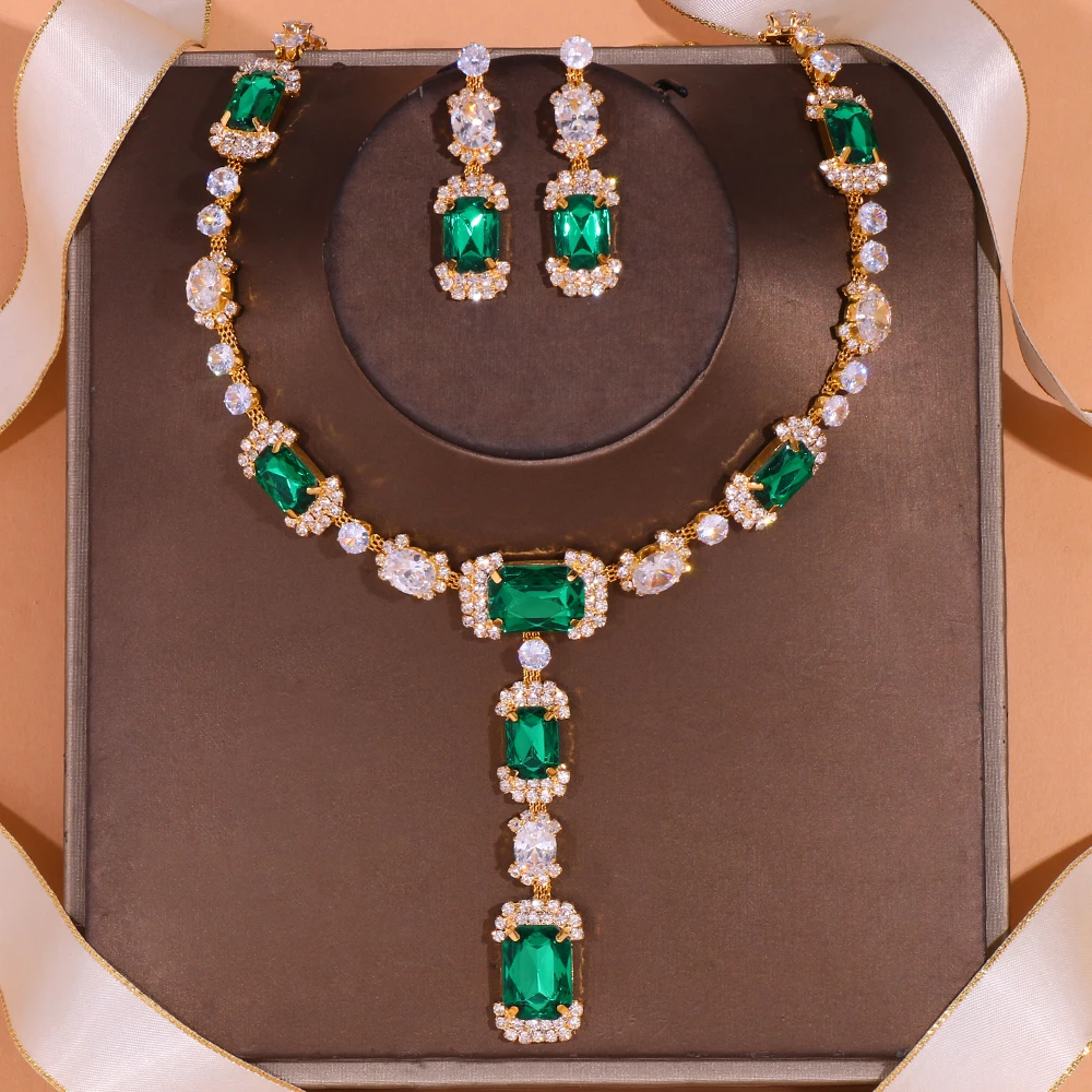 Stonefans Green Crystal African Jewelry Set Square Drop for Women Luxury Zircon Necklace Earrings Bridal Jewelry Set Accessories