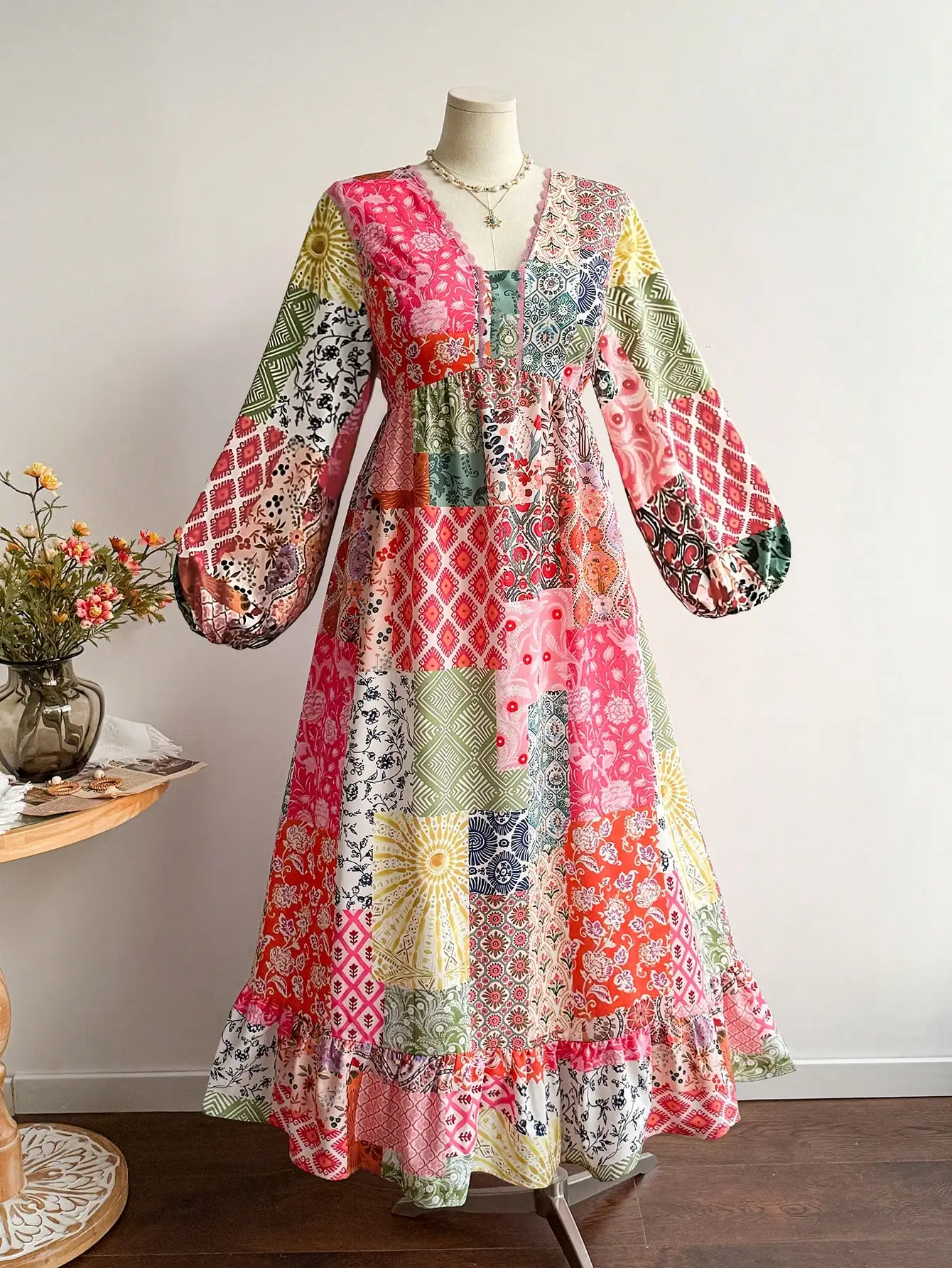 

Элегантное макси-платье в стиле бохо больших размеров с цветочным и геометрическим принтом, с длинными рукавами, для весенних отпусков, для женщин