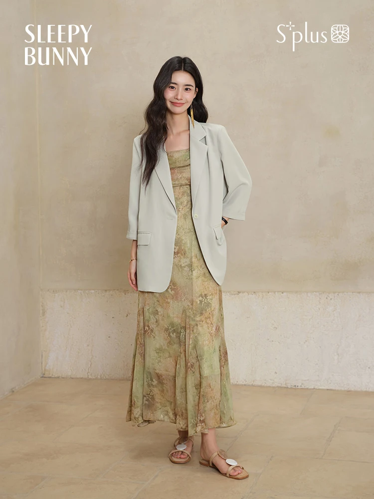 سترة نسائية صيفية 3/4 كم سترة عمل خفيفة الوزن فضفاضة تناسب بدلة مكتب غير رسمية معطف بفتحة خلفية ملابس خارجية أنيقة للأعمال