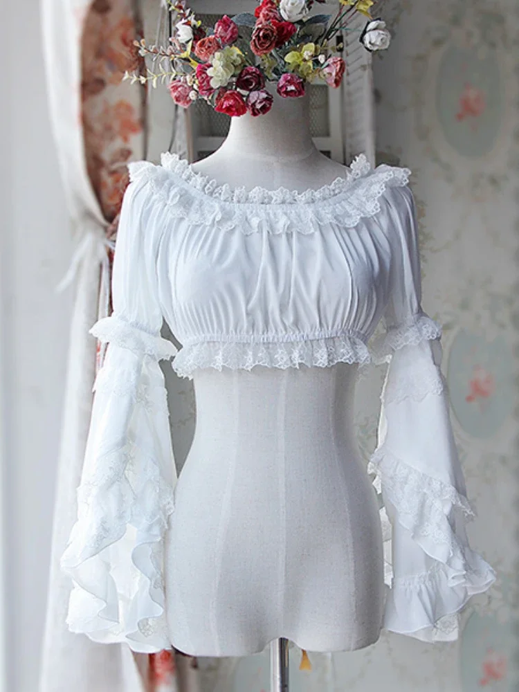 Sweet Detachable Flare Lace Sleeve Chiffon Blouse Ruffled Short Women\'s Crop Top White/Black/Ivory by Infanta