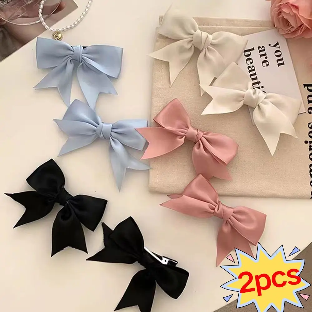 New 2pcs Satin Bow Hair Clips For JK Girls Kawii Barrettes Cute Hair Accessoires Kids Black White Ribbon Woman Hairpins Hairgrip