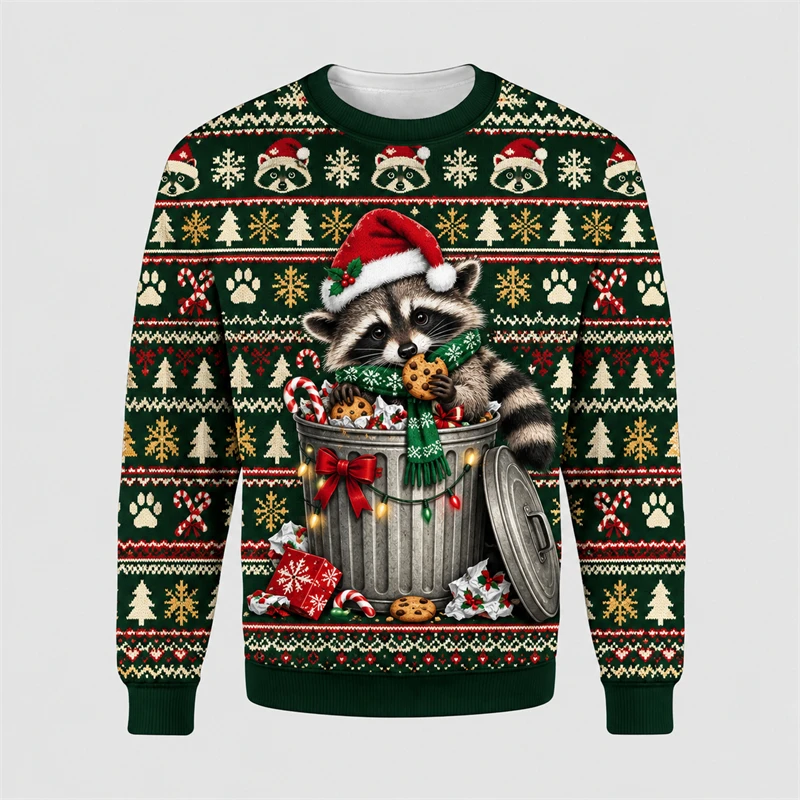 Christmas Raccoon Ugly Sweater Unisex 3D Print Crewneck Pullover Funny Trash Raccoon Holiday Sweatshirt Casual Winter Y2k Tops