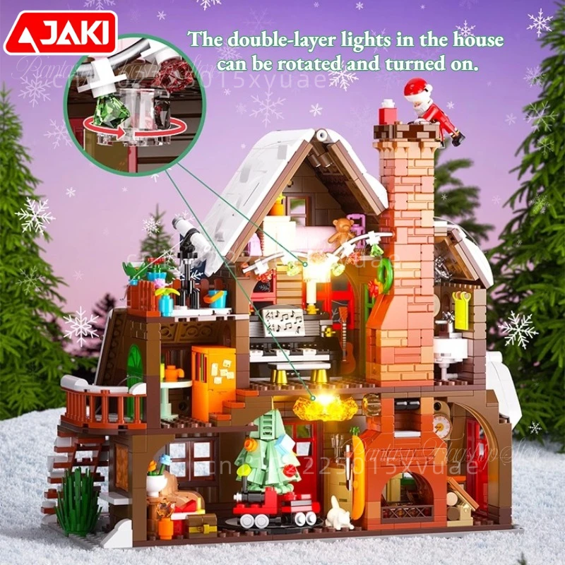 Nuovo JAKI Buon Natale Casa in legno Blocchi di costruzione Puzzle Street View Assemblaggio Giocattolo Modello Decorazioni per il desktop Regali di Natale
