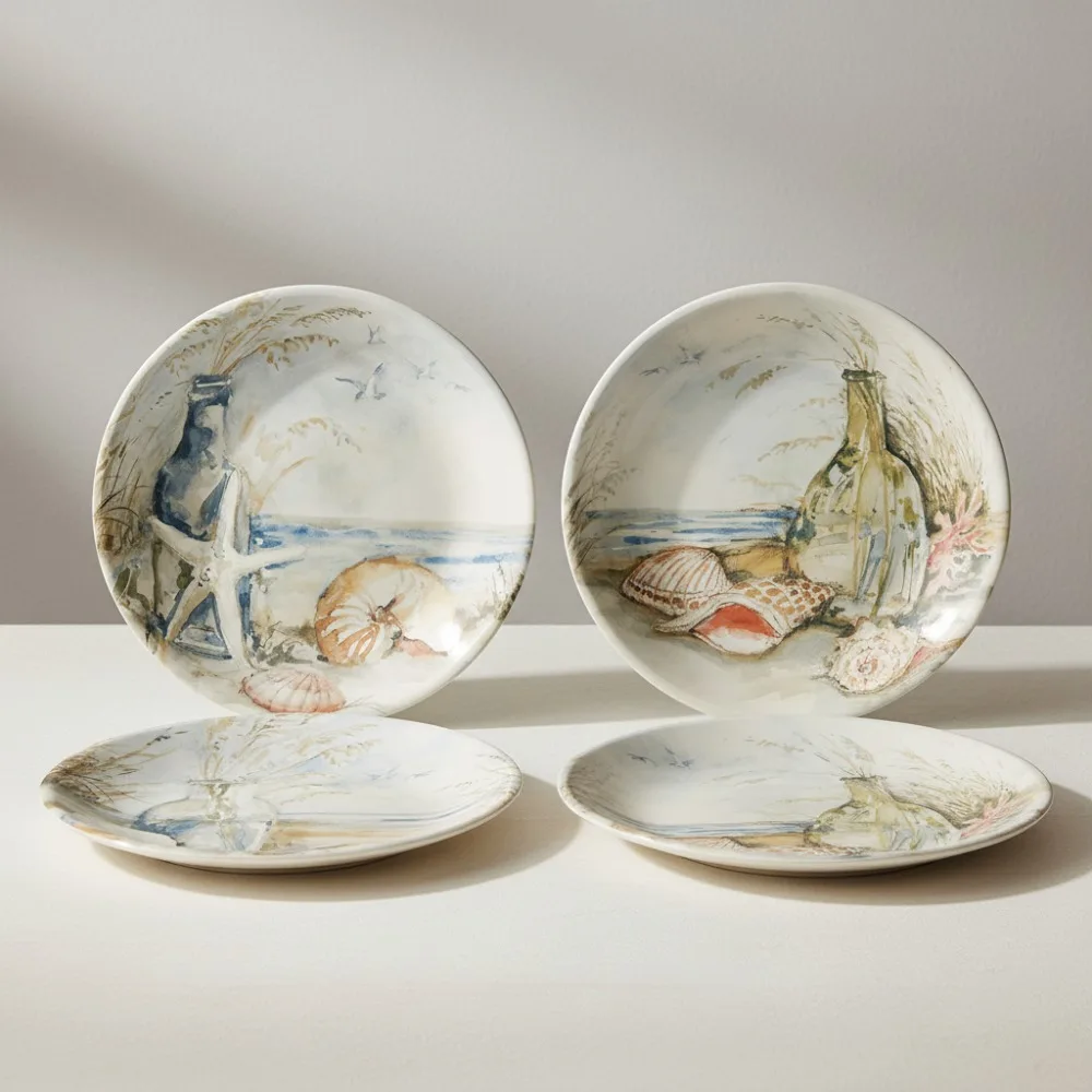 

38oz Ceramic Soup Pasta Bowls Set of 4 Coastal Ocean Design Starfish Shells Beach Kitchen