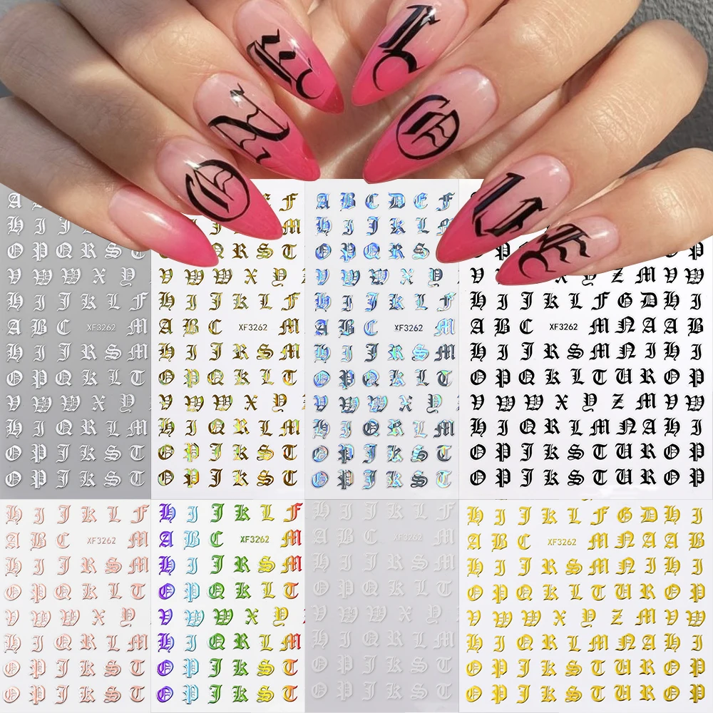 ﻿8/12Pc Old English Nail Sticker Holographic Letter Nail Art Decal 3D Gothic Roman Laser Word Nail Supplies Adhesive Sticker Dec