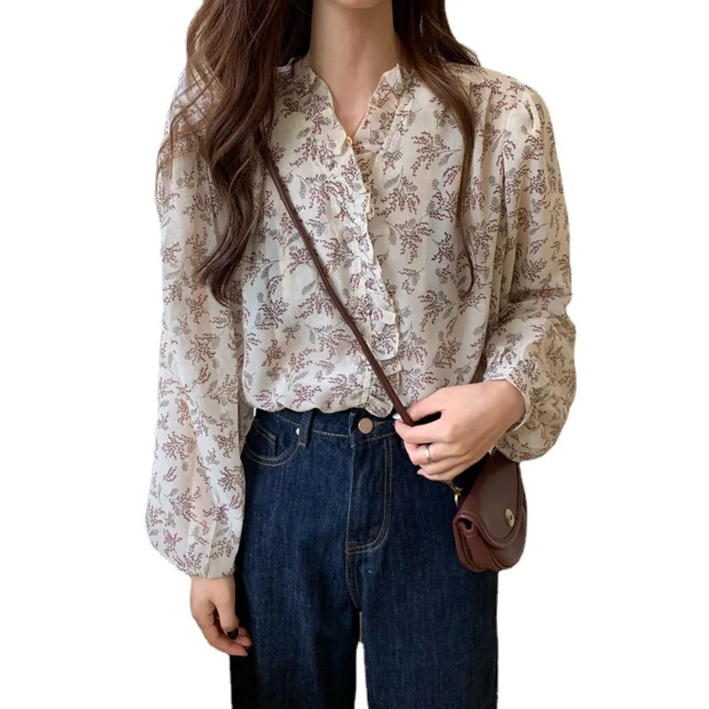 2024 Chiffon Shirt Long Sleeve Female Summer New Fashionable and Comfortable Floral Tops for Women Puff Sleeves Women\'s Clothing