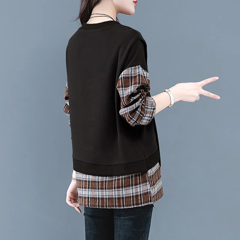 Women Trendy Retro Casual Streetwear Plaid Patchwork Asymmetrical Sweatshirts Y2K Female O Neck Long Sleeve Loose Pullover Tops