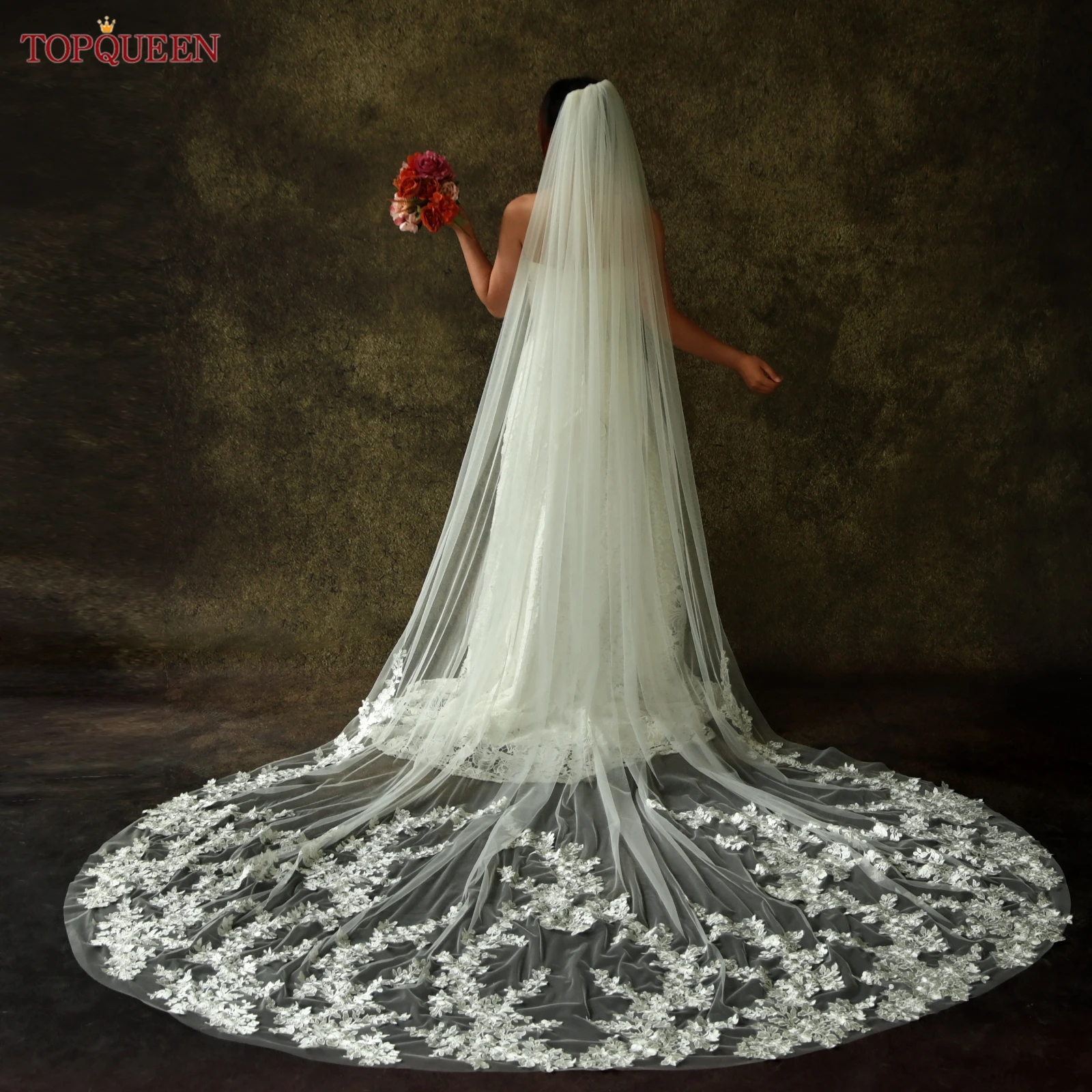 

TOPQUEEN V287 Luxury Lace Wedding Veil 3m Cathedral White Bridal Lace Veil Wedding Accessories With Comb Customizable