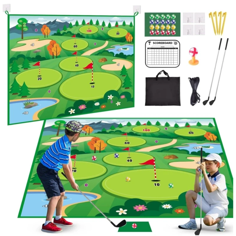 VATOS 20 Balls Golf Chipping Game Mat with Club Practice Stick Chip Golf Set Indoor Outdoor for Kids Adult Golf Hitting Mat Game