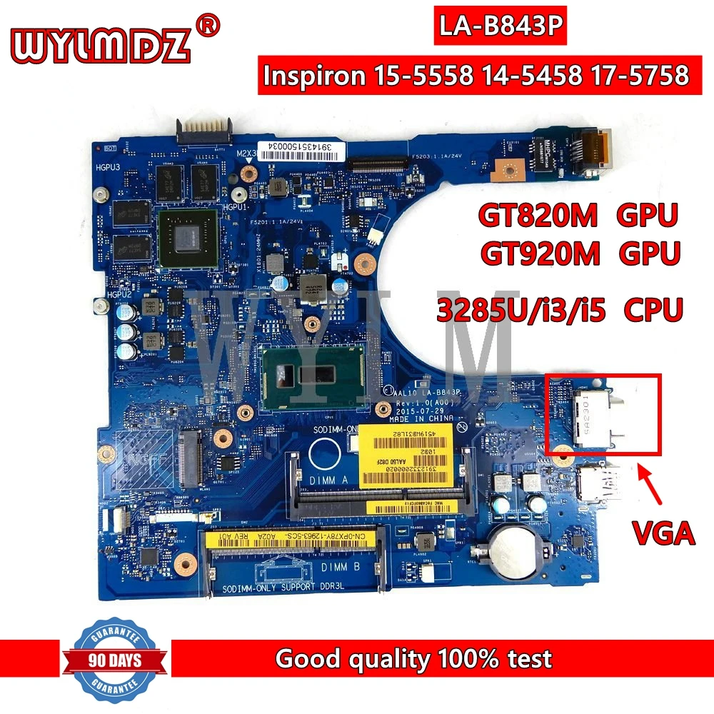 LA-B843P 3285U/i3/i5CPU GT820M/GT920M Laptop Motherboard For Dell Inspiron 15-5558 14-5458 17-5758 Mainboard  tested OK