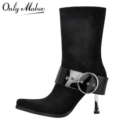 Onlymaker Women Pointed Toe Buckle Ankle Boots Kitten Low Heel Eyelet Booties Stiletto Sexy Side Zipper Winter Boots