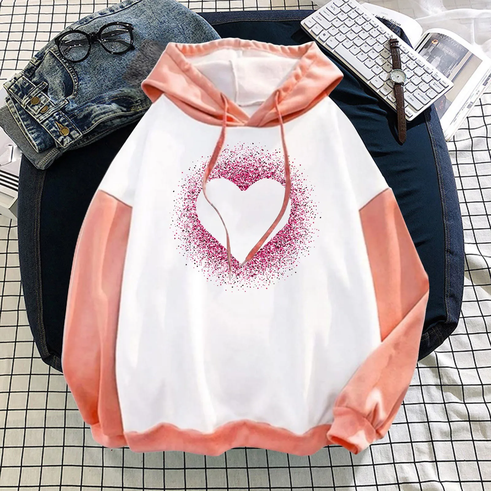 Women Casual Long Sleeve Sweatshirt Love Print Drawstring Pullover Hoodie Color Block Tops Pullover Casual Top