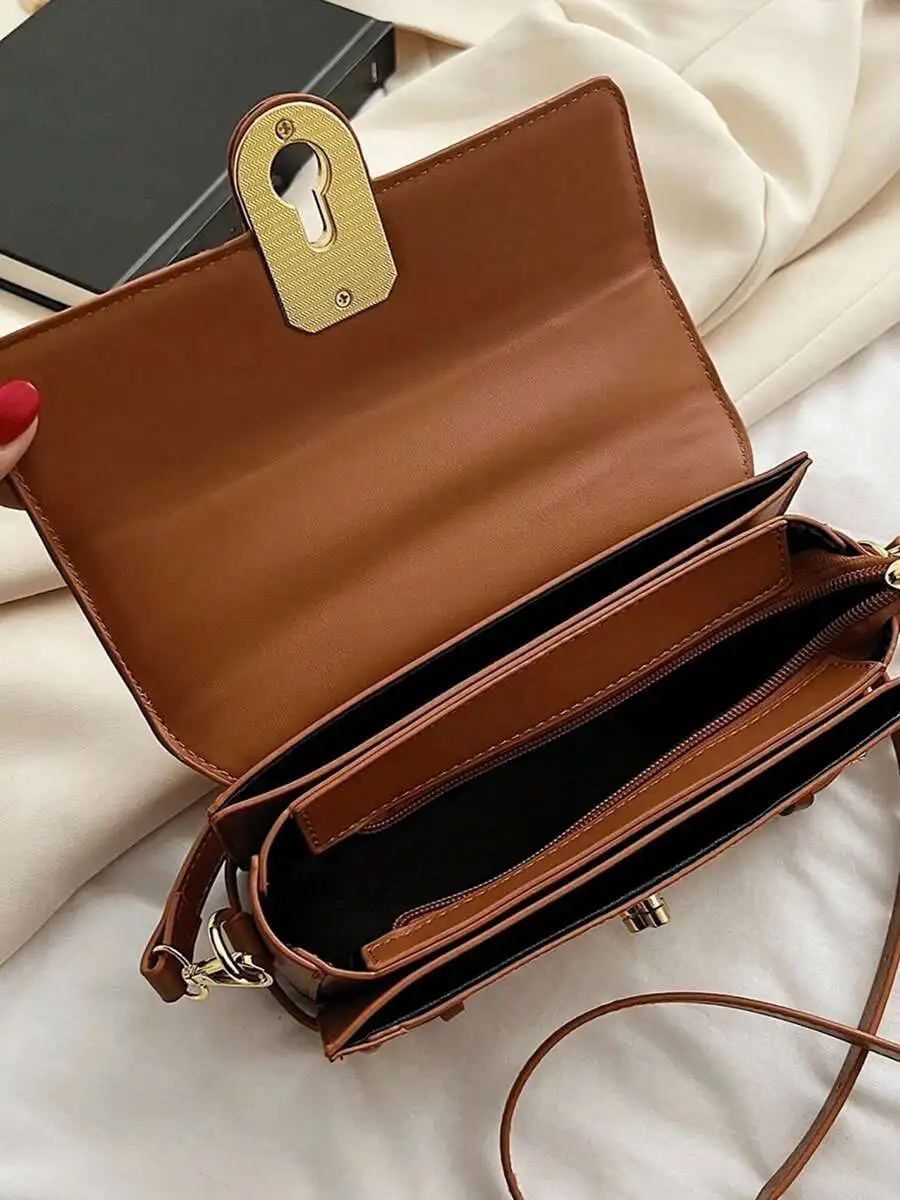 Damen Retro Ästhetische Umhängetaschen Spleißen Messenger Bags Quadratische Metallschnalle Umhängetaschen