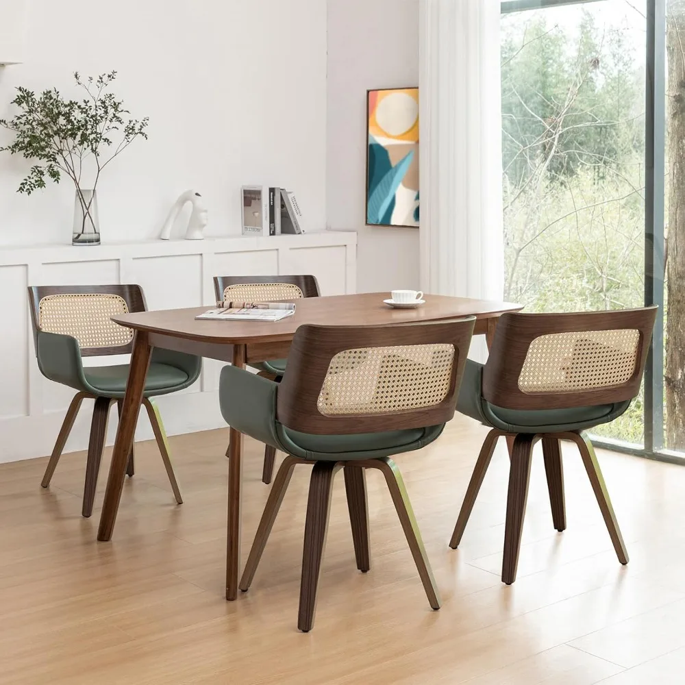 Set of 4 Dining Chairs with Arms - Swivel Cane Dining Chairs with Ergonomic Rattan Back, Walnut Bentwood Frame, Dining Chairs