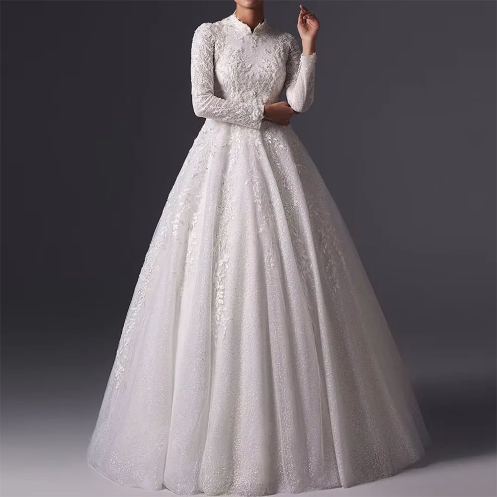 

Classic High Appliques Lace A-Line Bride Wedding Dresses Bridal Gowns Customized