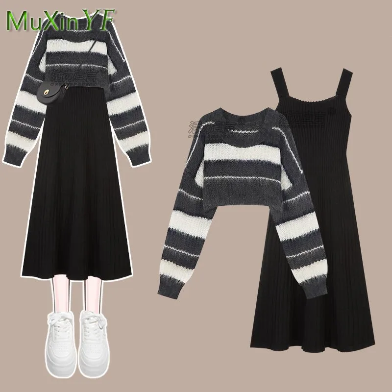 2024 Spring AutumnNew Loose Short Stripe Knit Sweater+Strap Skirt Two Piece Suit Korean Elegant Pullover Dress Matching Set