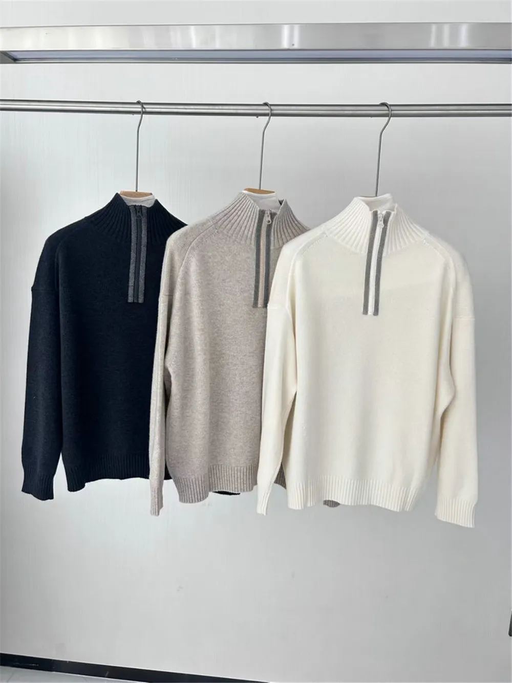 

25 Autumn/Winter New Women's High Collar Studded Beads Half Zipper Loose Wool Knitted Casual Pullover