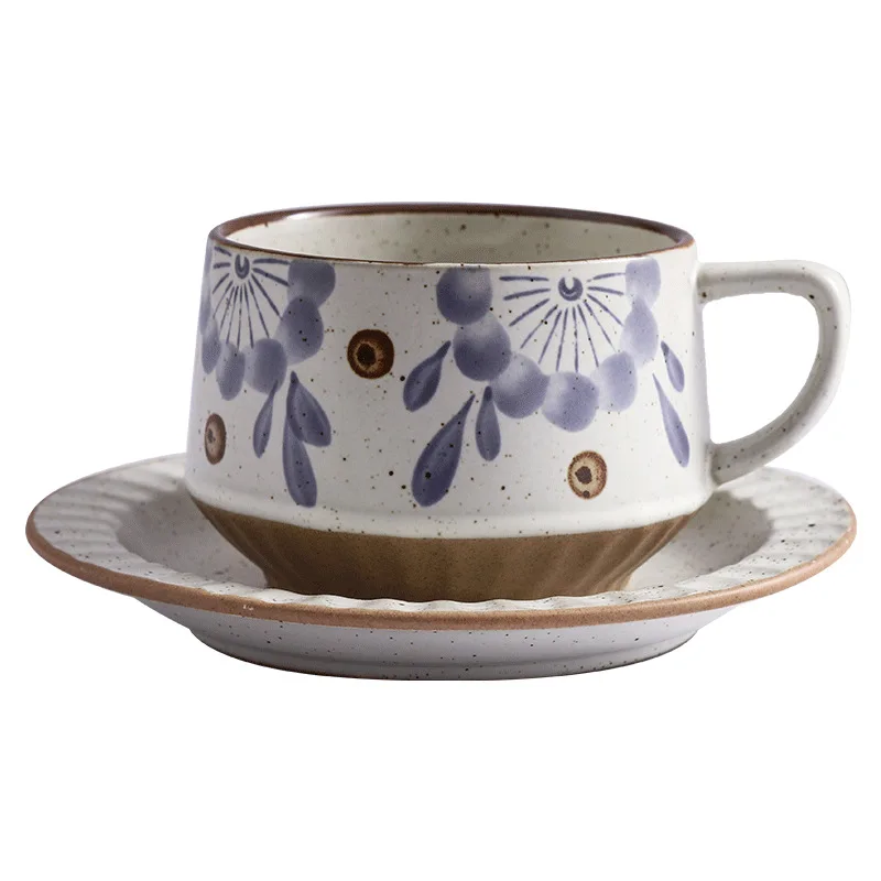 

Retro coffee cup and saucer set, coarse taula cup, household mug and saucer.