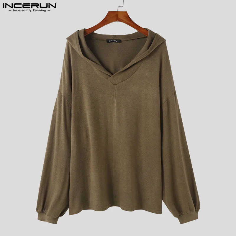 INCERUN Men Pullovers Solid Color V Neck Long Sleeve Knitted Hooded Casual Sweaters Streetwear Autumn 2024 Fashion Men Clothing