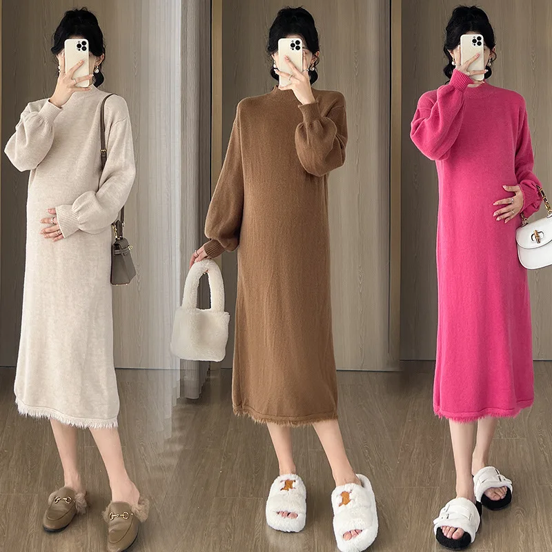 

2023 NEW Autumn Winter Warm Knitted Maternity Long Dress Elegant A Line Slim Loose Clothes for Pregnant Women Pregnancy Sweaters